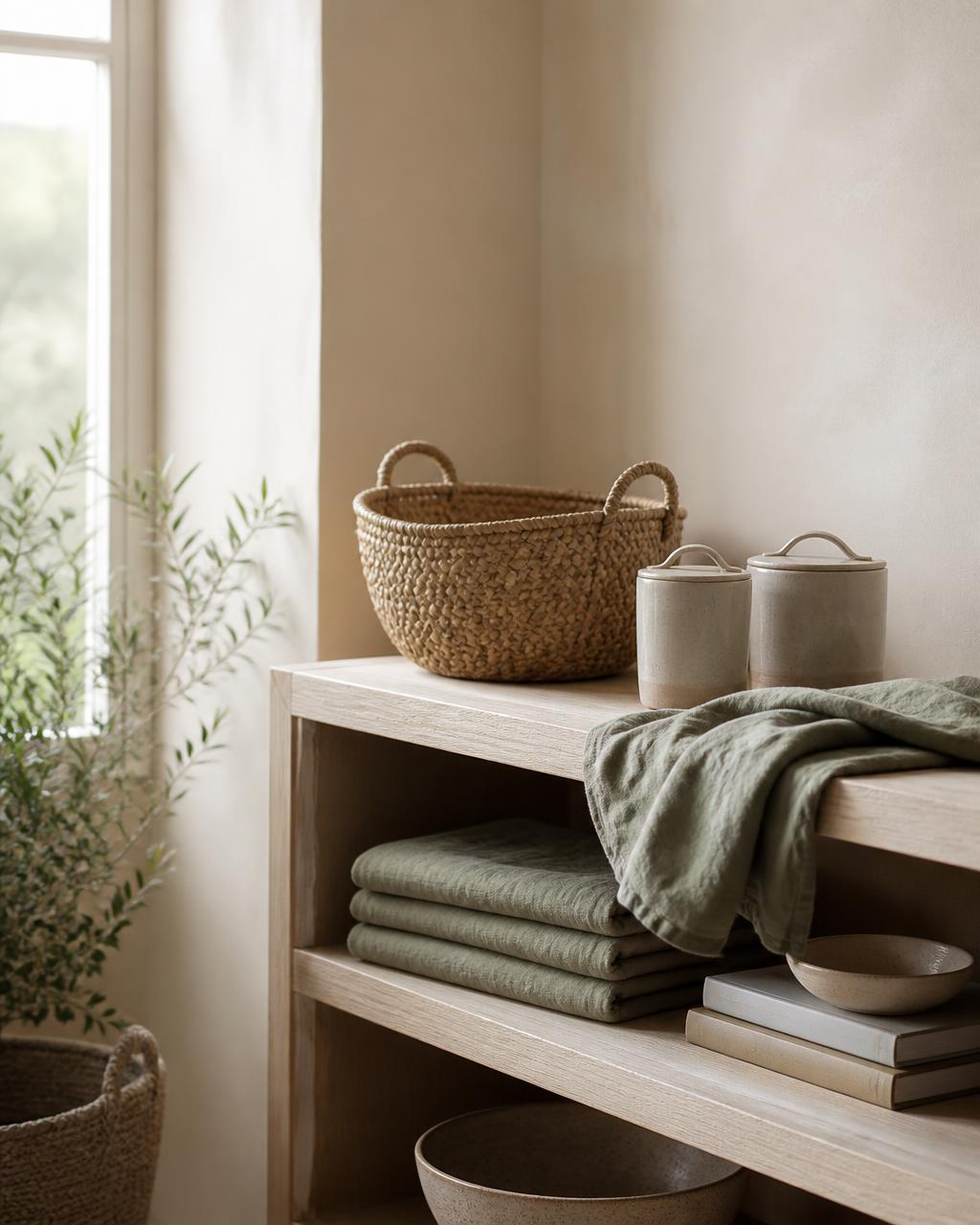 A calm, organised corner of a home with a woven basket, ceramic canisters and folded sage linen on pale oak shelving